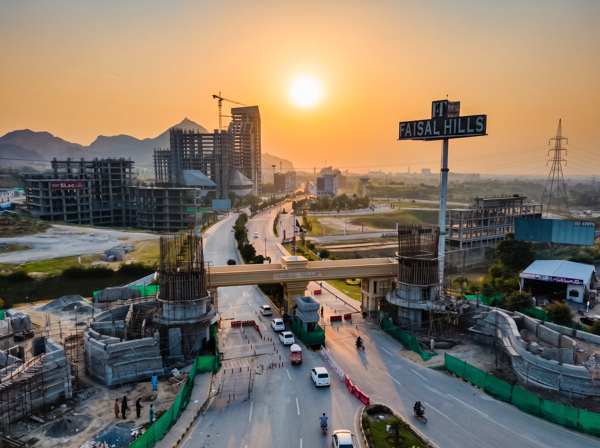 Faisal Hills entrance and surrounding development at sunset